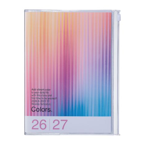 Text: "Add vibrant color to your daily life with this diary and find time to be yourself. 2023.9-2027.12 Weekly Schedule Colors. 26 27". Illustration mit vertikalen Farbverläufen in Orange, Pink und Blau.