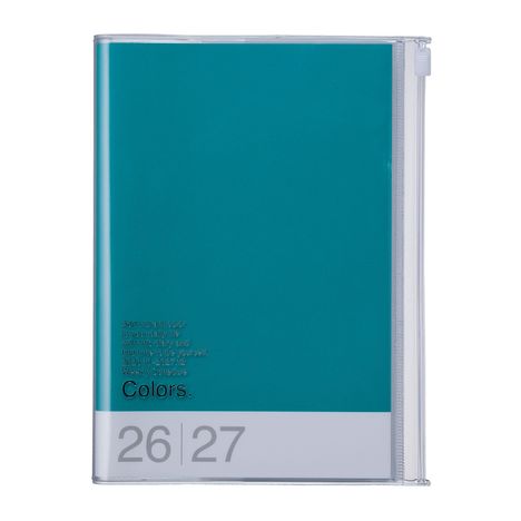Text: "Add vibrant color to your daily life... Weekly Schedule\nColors. 26 | 27". Ein türkisfarbener Kalender mit Reißverschluss.