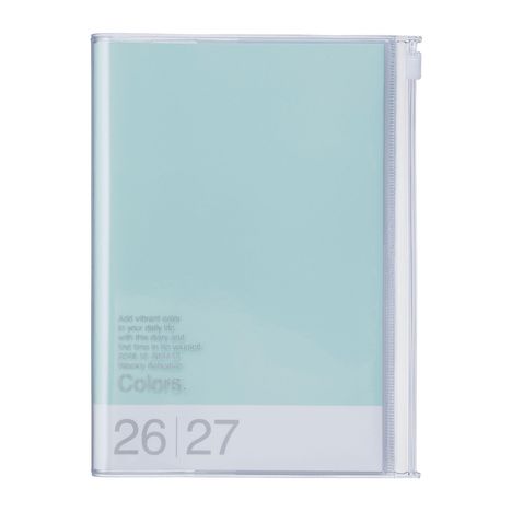 Text unten rechts: "26 | 27". Oben: Hellblaues Cover mit transparentem Einband und Reißverschluss.