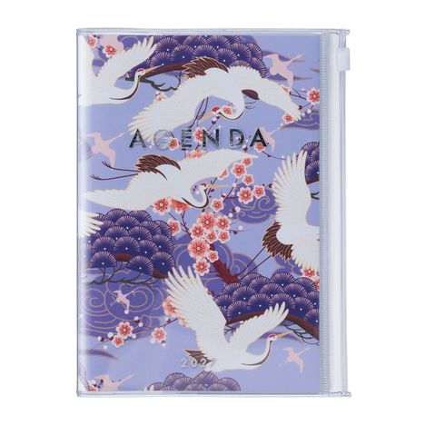 "AGENDA", "2024". Vögel fliegen vor blühenden Kirschblüten auf lila Hintergrund.