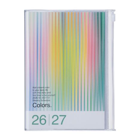Jahreszahlen "26|27" unten, daneben Text: "Colors". Farbige, vertikale Streifen in verschiedenen hellen Tönen darüber.
