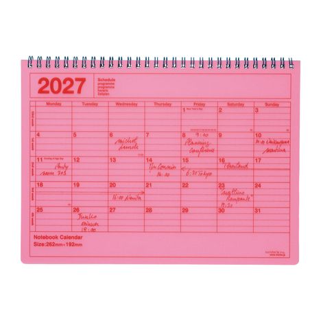 2027, Schedule, Notebook Calendar. Monatsplaner in Pink mit handschriftlichen Einträgen und Spiralbindung.