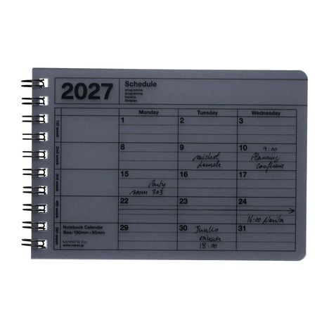 „2027 Schedule“, mit handschriftlichen Notizen wie „Party room 303“, „Planning conference“. Spiralblock-Design.