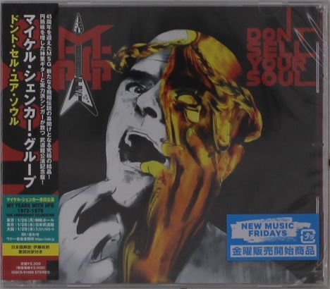 Texte: "DON'T SELL YOUR SOUL", "NEW MUSIC FRIDAYS". Illustration eines halben Gesichts mit gelb-goldener Maske.