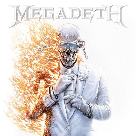 "MEGADETH" oben. Illustration: Skelett in Anzug, halb in Flammen, mit Metallmaske und Kette.