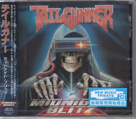 "TAILGUNNER" und "MIDNIGHT BLITZ" in stilisierter Schrift. Ein Skelett mit VR-Brille und Kapuze zeigt auf den Betrachter.