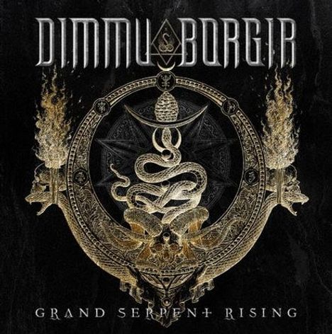 „DIMMU BORGIR“, „GRAND SERPENT RISING“. Ein kunstvolles Emblem mit Schlange, Dreieck und Flammen.