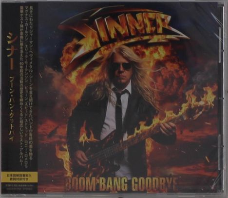 Zu sehen ist der Text "Boom Bang Goodbye" und darüber ein Mann mit Gitarre in Flammen vor einem feurigen Hintergrund.