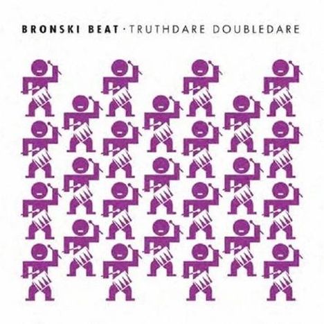 Text: "BRONSKI BEAT • TRUTHDARE DOUBLEDARE". Raster aus stilisierten violetten Figuren auf weißem Hintergrund.