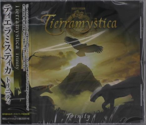 "Tierramystica, Trinity" steht in geschwungener Schrift, vor einem dramatischen Himmel mit Vogel und Berg im Hintergrund.