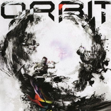 Text: "ORBIT". Abstrakte schwarze und graue Wirbel mit farbigen Akzenten in der Mitte.