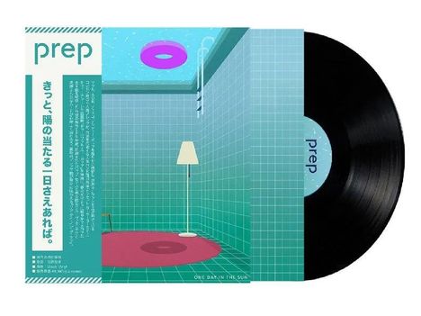 Text: "prep". Illustration: Raum mit Türkisen Fliesen, Stehleuchte und rosa Teppich. Vinyl-Schallplatte rechts.