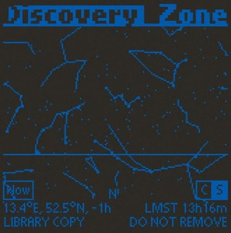 "discovery Zone", "13.4°E, 52.5°N", "LMST 13h16m". Sternenkarte mit blauen Linien und Punkten.