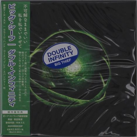 Links japanischer Text, Sticker: "Double Infinity Big Thief." Grünliche abstrakte Illustration in der Mitte.