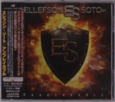 Text: "ELLEFSON SOTO", "UNBREAKABLE". Ein Schild mit "ES" vor feurigem Hintergrund.