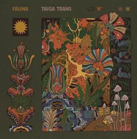 Text: "FAUNA" und "TAIGA TRANS". Illustration mit bunten Pflanzen und Blumen in kräftigen Farben und Mustern.