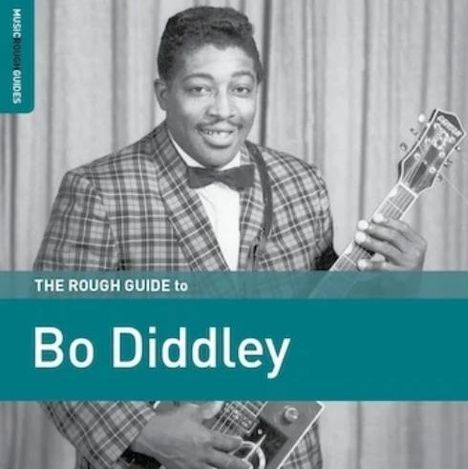 "The Rough Guide to Bo Diddley" steht auf einem Buchcover. Ein Mann im Anzug hält eine Gitarre und lächelt.