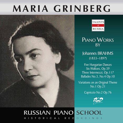 CD-Cover mit "MARIA GRINBERG" oben. Werke von Johannes Brahms aufgelistet. Schwarz-weißes Porträt einer Frau.