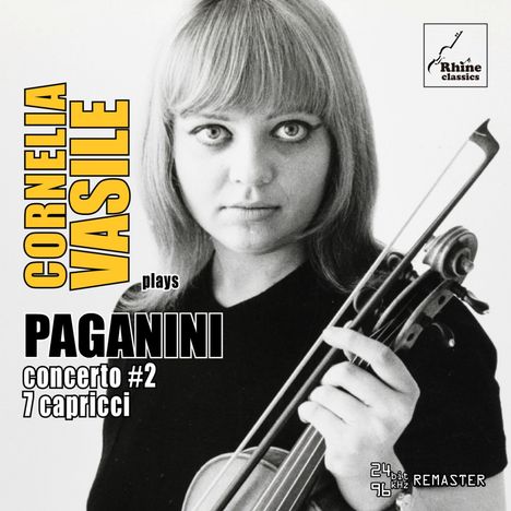 „CORNELIA VASILE plays PAGANINI concerto #2 7 capricci.“ Eine Frau mit Geige, Logo oben rechts. Schwarz-weiß.