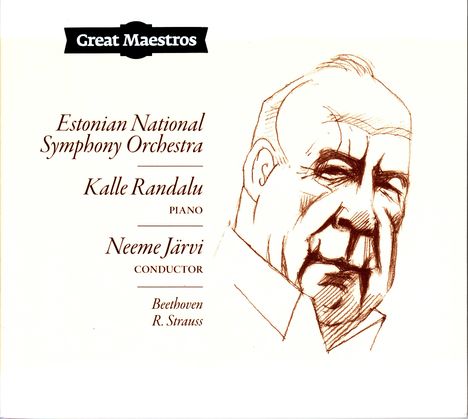 „Great Maestros“ oben. „Estonian National Symphony Orchestra“ darunter. Skizze eines älteren Mannes rechts.