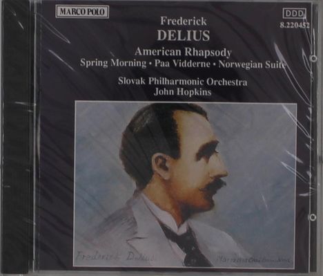 Texte: "Frederick Delius", "American Rhapsody", "Slovak Philharmonic Orchestra", "John Hopkins". Illustration: Porträt eines Mannes im Profil.