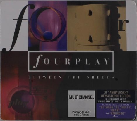 "fourplay" - BETWEEN THE SHEETS, MULTICHANNEL, 30th ANNIVERSARY REMASTERED EDITION. Abstrakte Illustration mit kreisförmigen Elementen.
