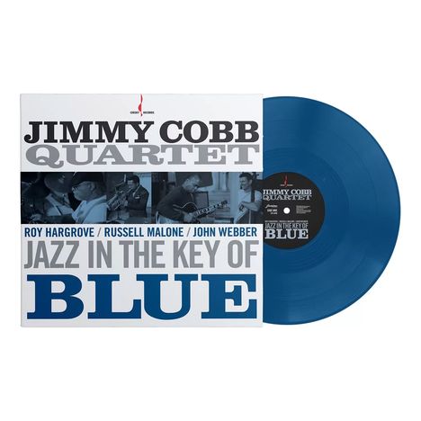 Text: "Jimmy Cobb Quartet, Jazz in the Key of Blue." Ein blauer Schallplattencover mit Musikern.