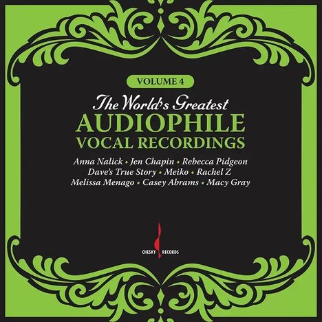 "Volume 4: The World's Greatest Audiophile Vocal Recordings" in grüner Schrift mit Verzierungen und Künstlernamen.