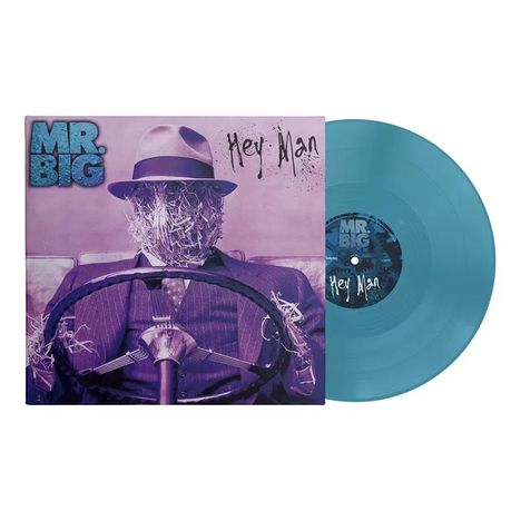 "MR. BIG", "Hey Man"; Illustration eines Anzugs mit Strohkopf hinter einem Lenkrad. Vinyl in Blau.