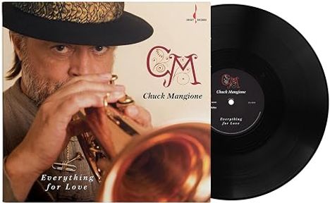 "Chuck Mangione", "Everything for Love". Ein Mann mit Hut spielt Trompete, daneben eine schwarze Schallplatte.
