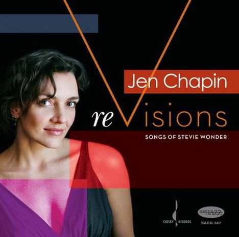 "Jen Chapin: reVisions - Songs of Stevie Wonder." Frau in violettem Kleid, geometrische Formen, zwei Logos.