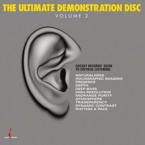 „THE ULTIMATE DEMONSTRATION DISC VOLUME 2“. Große Ohr-Illustration, Text: „CHESKY RECORDS' GUIDE TO CRITICAL LISTENING“ mit 10 Kriterien.