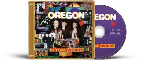 "OREGON" und "BEYOND WORDS" in buntem Collage-Design. Enthält verschiedene Bilder und ein CD-Design.