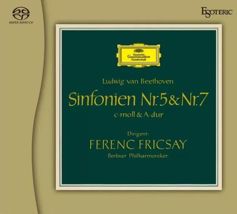 Text: Ludwig van Beethoven, Sinfonien Nr. 5 & Nr. 7, Dirigent: Ferenc Fricsay, Berliner Philharmoniker.  
Braunes und grünes klassisches CD-Cover.