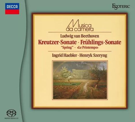 Text: "Musica da camera, Ludwig van Beethoven, Kreutzer-Sonate, Frühlings-Sonate, Ingrid Haebler, Henryk Szeryng". Im Hintergrund eine Landschaftsmalerei.