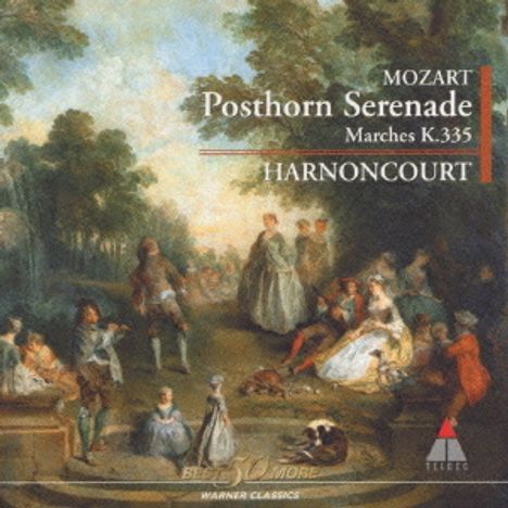 "Mozart, Posthorn Serenade, Marches K.335, Harnoncourt" auf einem Gemälde mit einer Gruppe Menschen im Freien.