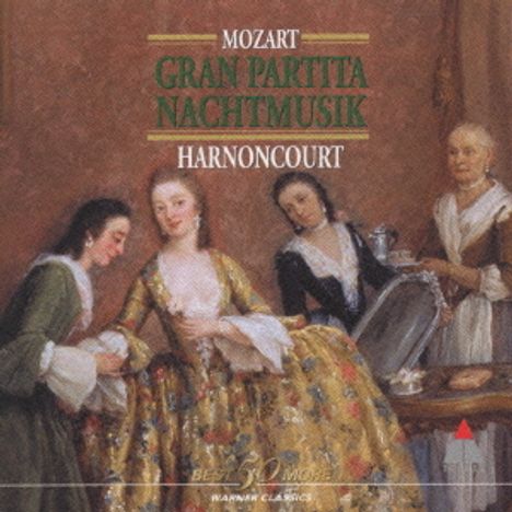Text: "Mozart Gran Partita Nachtmusik Harnoncourt". Eine historische Szene mit vier elegant gekleideten Frauen.