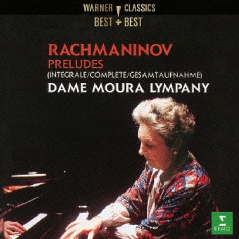 "Rachmaninov Preludes (Integrale/Complete/Gesamtaufnahme) Dame Moura Lympany" – Frau spielt Klavier, Warner Classics Logo.