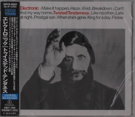Texte: "Electronic", "Twisted Tenderness". Schwarz-Weiß-Foto eines Mannes mit erhobenem Arm. Japanische Schrift links.
