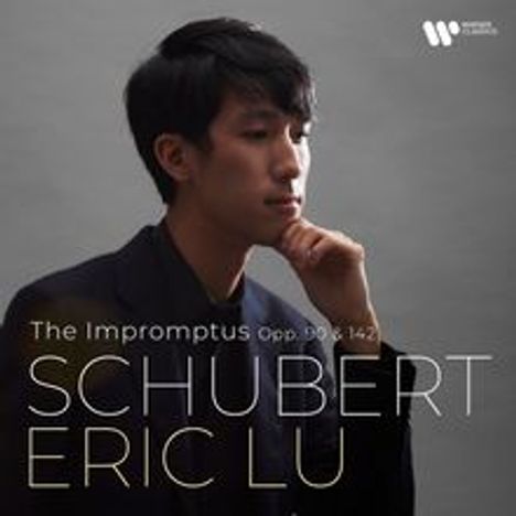 "The Impromptus Opp. 90 & 142, Schubert, Eric Lu." Ein Mann im Profil denkt nach, rechts oben ein Logo.