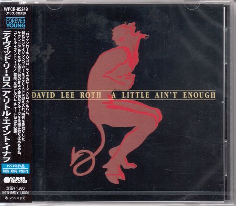 "DAVID LEE ROTH A LITTLE AIN'T ENOUGH" steht in gelber Schrift auf schwarzem Hintergrund, davor rotes Teufelsbild.