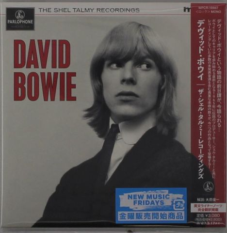 "David Bowie" in Rot, Schwarz-Weiß-Foto von einem jungen Mann mit mittellangem Haar, japanischer Textstreifen rechts.