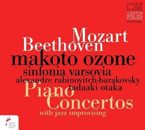 Große Schrift: "Mozart, Beethoven, makoto ozone". Andere Begriffe: "Piano Concertos", "with jazz improvising", "sinfonia varsovia". Roter Hintergrund.