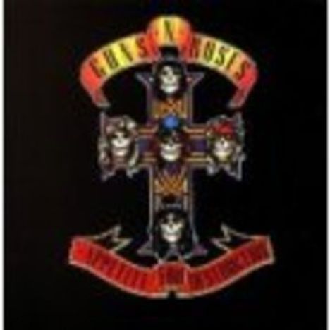 Der Text „Guns N' Roses“ steht über einem Kreuz mit fünf Totenschädeln. Darunter „Appetite for Destruction“.