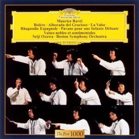 Cover der Deutschen Grammophon mit Werken von Maurice Ravel, dirigiert von Seiji Ozawa. Mehrere Dirigierposen.