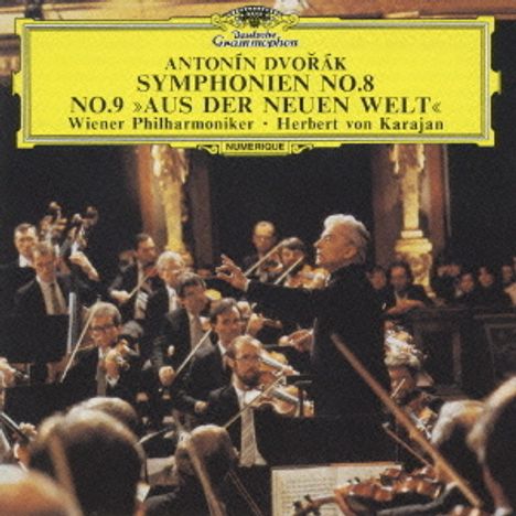 Text: "Antonín Dvořák, Symphonien No. 8, No. 9 'Aus der Neuen Welt', Wiener Philharmoniker, Herbert von Karajan". Ein Dirigent vor einem Orchester.