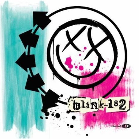 „blink-182“ in einer handschriftlichen Schrift auf farbig gesprenkeltem Hintergrund mit blauen und pinken Farbflächen.