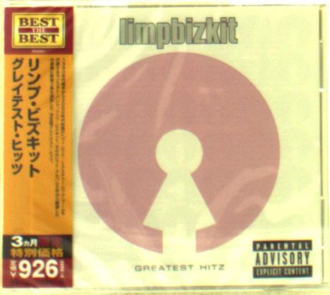 "limpbizkit", "GREATEST HITZ", vertikaler Text in Japanisch. Rotes Keyhole-Logo, "Parental Advisory" Hinweis.