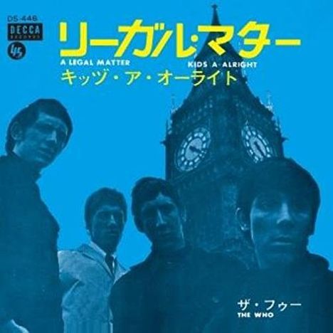 Japanische und englische Texte: "A Legal Matter" und "Kids A'Re Alright". Vier Männer, Big Ben im Blau-Ton.