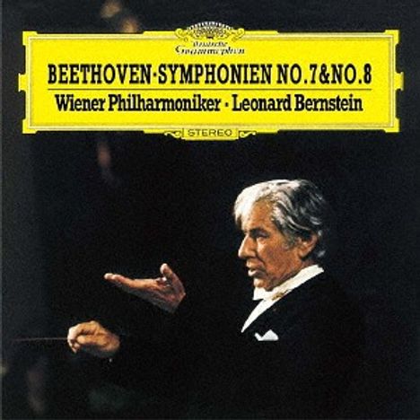 "BEETHOVEN: SYMPHONIEN NO. 7 & NO. 8, Wiener Philharmoniker, Leonard Bernstein." Dirigent mit erhobenen Händen.